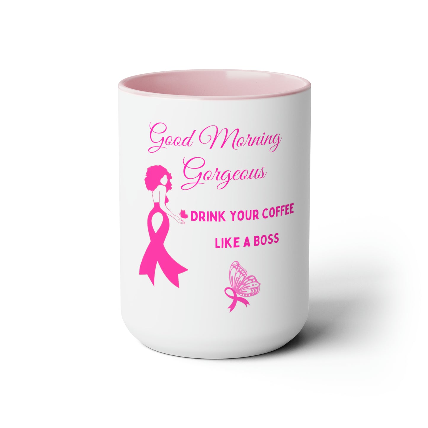Good Morning Gorgeous Two-Tone Coffee Mugs, 15oz (Breast Cancer Awareness)